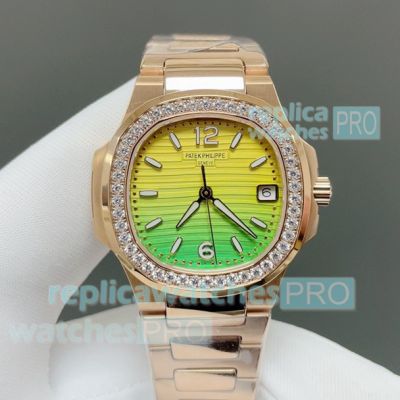 GR Factory Replica Patek Philippe Nautilus Hawaii Sunset Dial Diamond Bezel Quartz Ladies Watch 